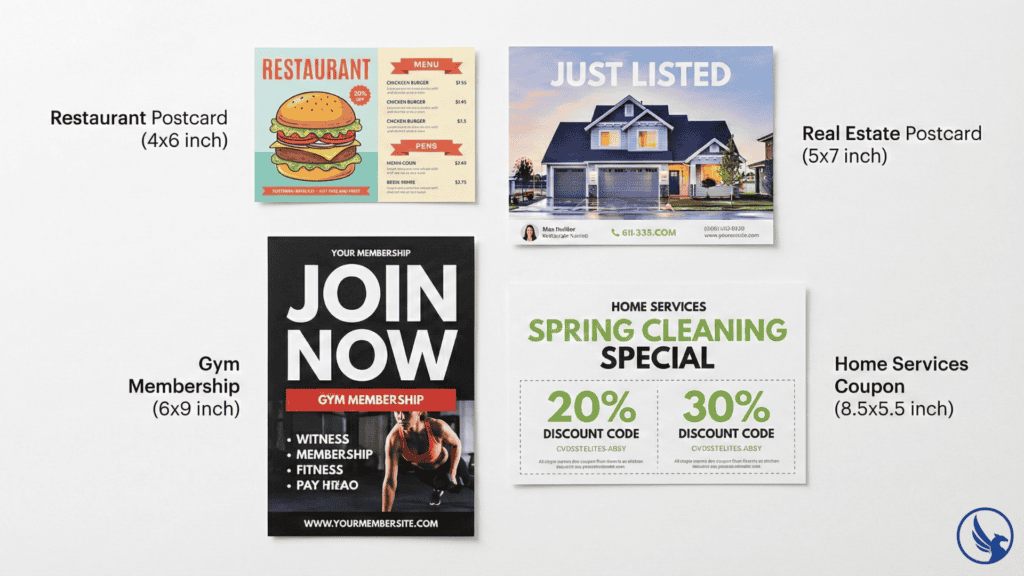 EDDM postcard sizes matched to industries — restaurants, real estate, gyms, and home services
