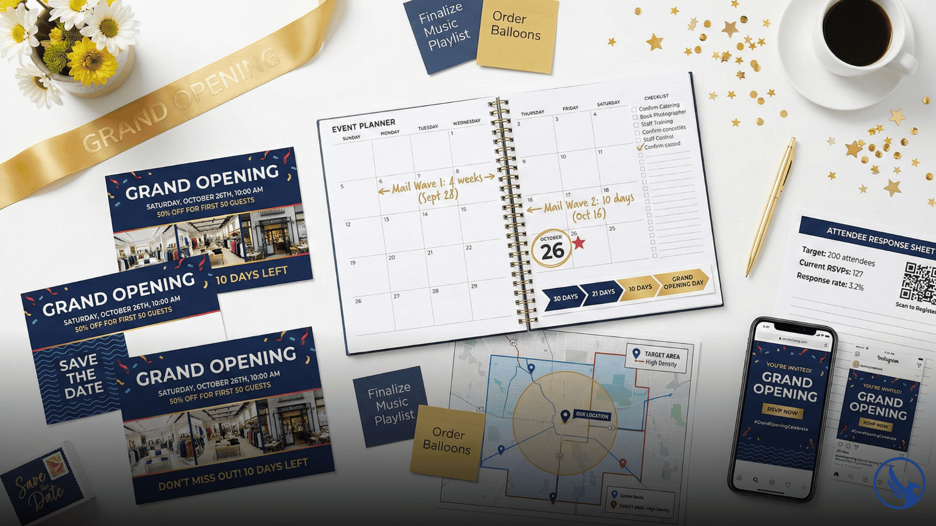 Grand opening postcard campaign planning workspace showing event timeline, geographic targeting map, invitation designs, and attendance tracking