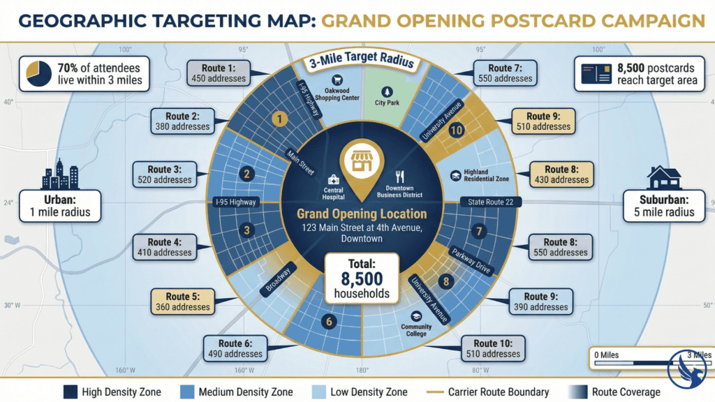 Geographic targeting map showing 3-mile radius and carrier routes for grand opening postcard campaign