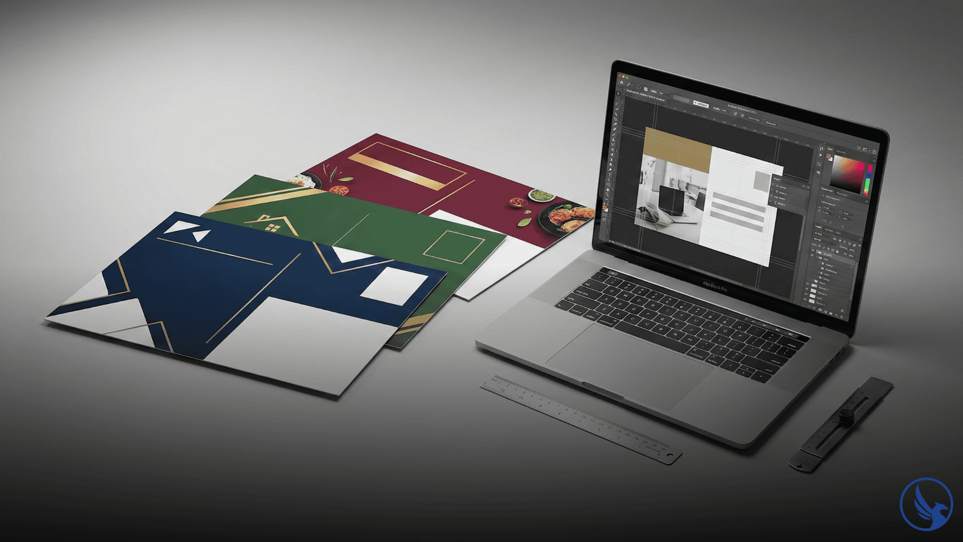 Photorealistic 3D mockup of multiple EDDM postcard templates fanned out on a studio surface with design tools suggesting professional direct mail production