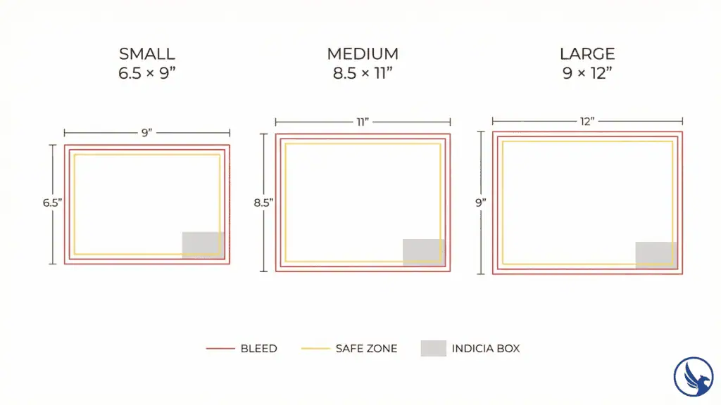 Infographic comparing three EDDM postcard template sizes with USPS bleed, safe zone, and indicia placement zones labeled