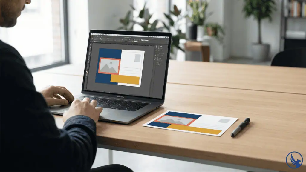 Graphic designer working on EDDM postcard templates using a professional design platform on a clean modern workspace