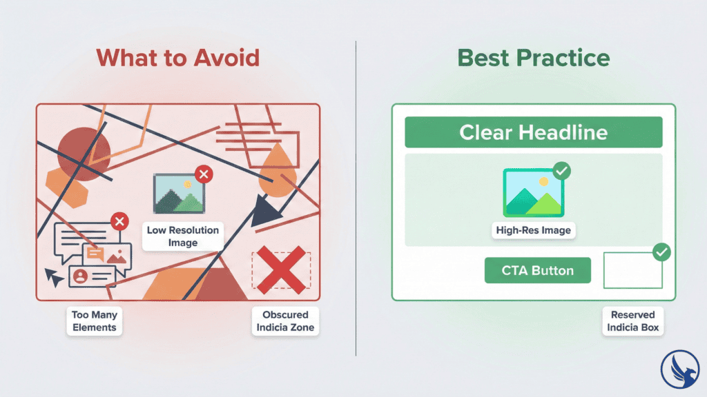 Infographic showing common EDDM postcard template mistakes versus best practice layout and compliance guidelines