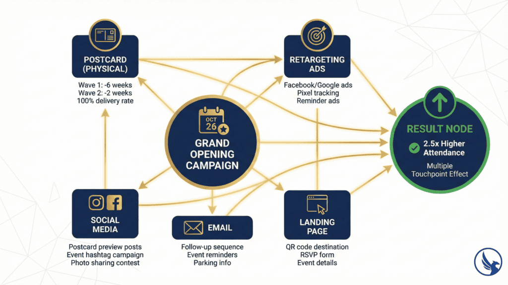 Multi-channel marketing integration diagram showing postcard campaign combined with social media, email, landing page, and retargeting ads