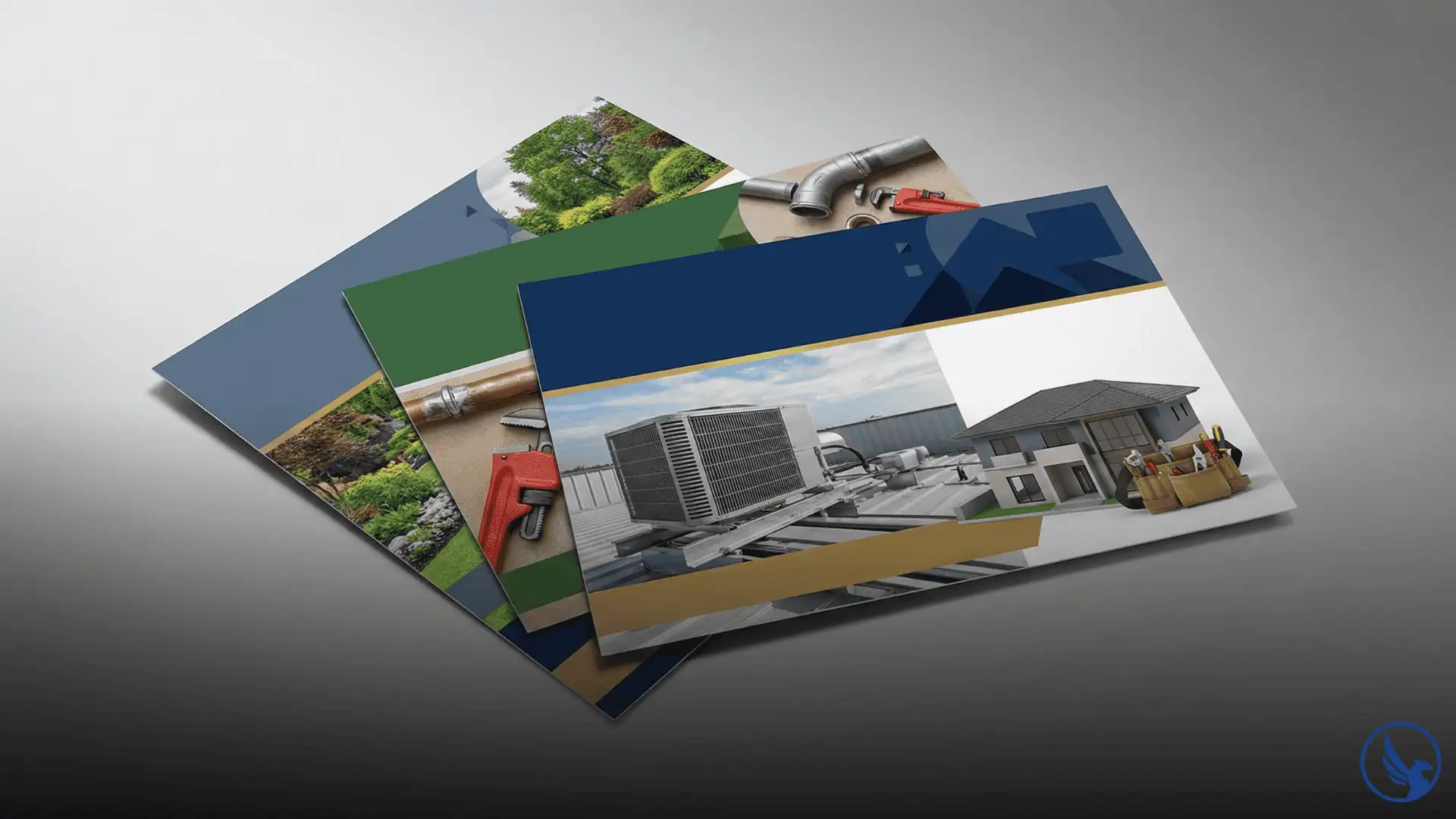 Photorealistic 3D mockup of EDDM for home services postcards fanned out on a studio surface with home services props suggesting local contractor direct mail campaigns