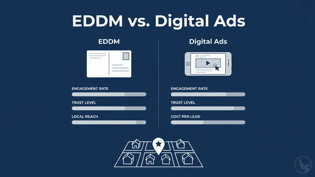 Infographic comparing EDDM for home services direct mail versus digital advertising across engagement, trust, and local targeting metrics