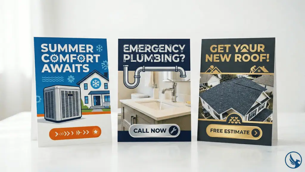Three EDDM for home services postcard designs for HVAC, plumbing, and roofing trades displayed as professional printed direct mail pieces