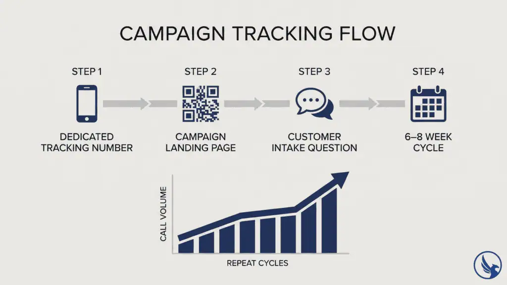 Infographic showing four EDDM for home services campaign tracking methods and repeat mailing cadence strategy for local contractors