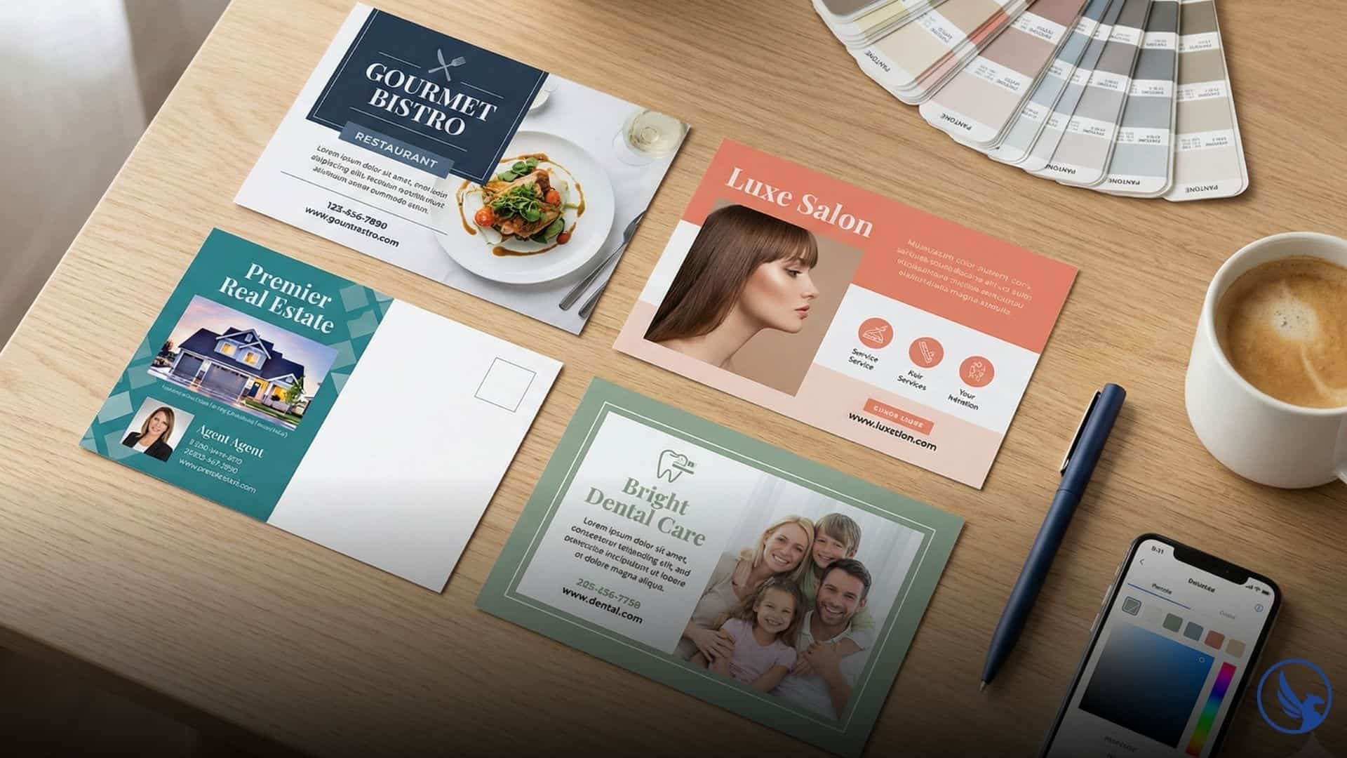 Professional postcard printing templates displayed on modern desk workspace showing small business direct mail design layouts