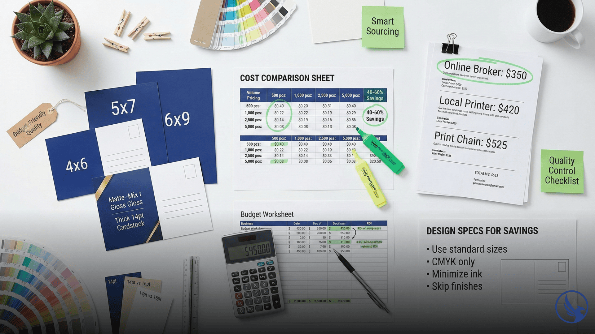 Budget postcard printing strategy workspace showing volume discount pricing, printer comparisons, and quality samples for cost-conscious businesses