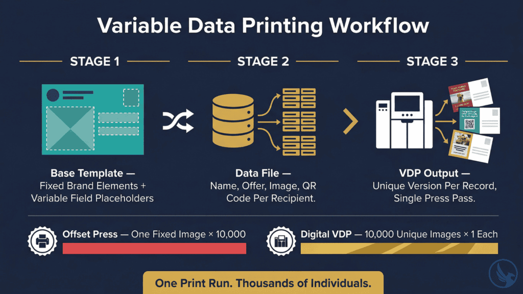 Infographic showing personalized direct mail variable data printing three-stage workflow — base template, data file merge, and unique press output — with offset versus digital VDP comparison