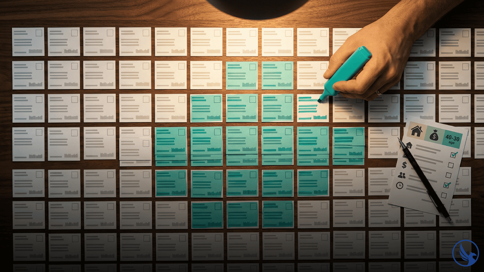 Birds-eye flat-lay of a mailing list grid with a hand highlighting a targeted segment of address cards separated from the broader untargeted audience illustrating direct mail list segmentation strategy