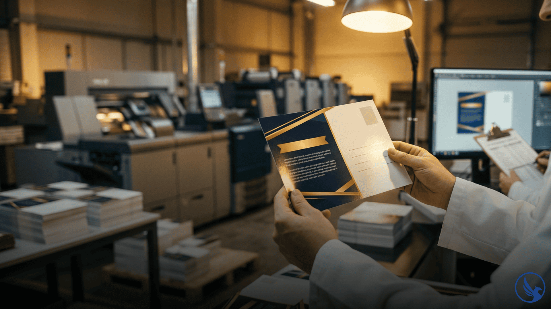Print technician inspecting a finished direct mail postcard against press room lighting with a commercial printing press and prepress review workstation visible in the background suggesting full-service direct mail services quality control