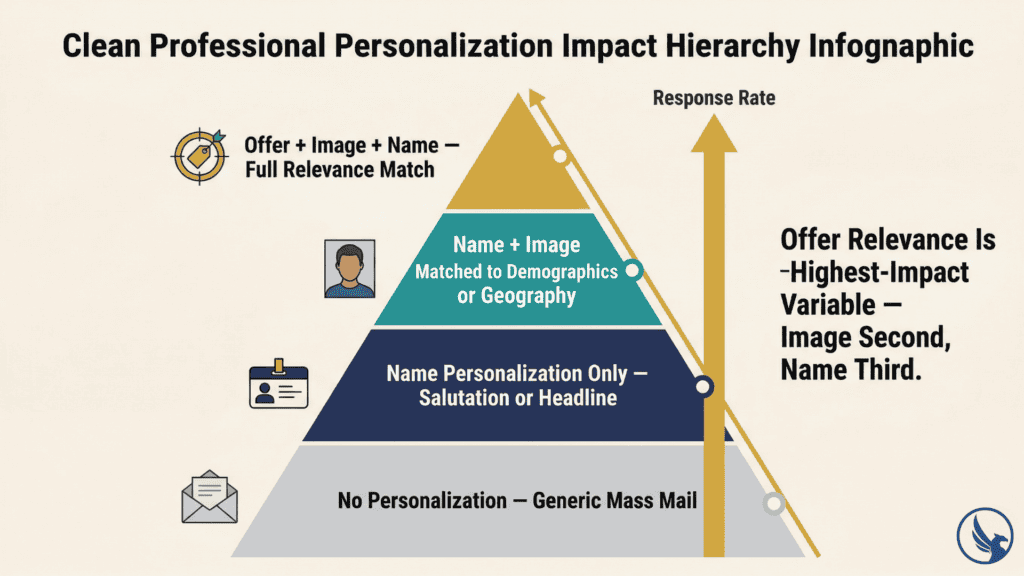 Infographic showing personalized direct mail variable data printing response rate hierarchy pyramid with four levels from generic mass mail at the bottom to full offer image and name personalization at the top