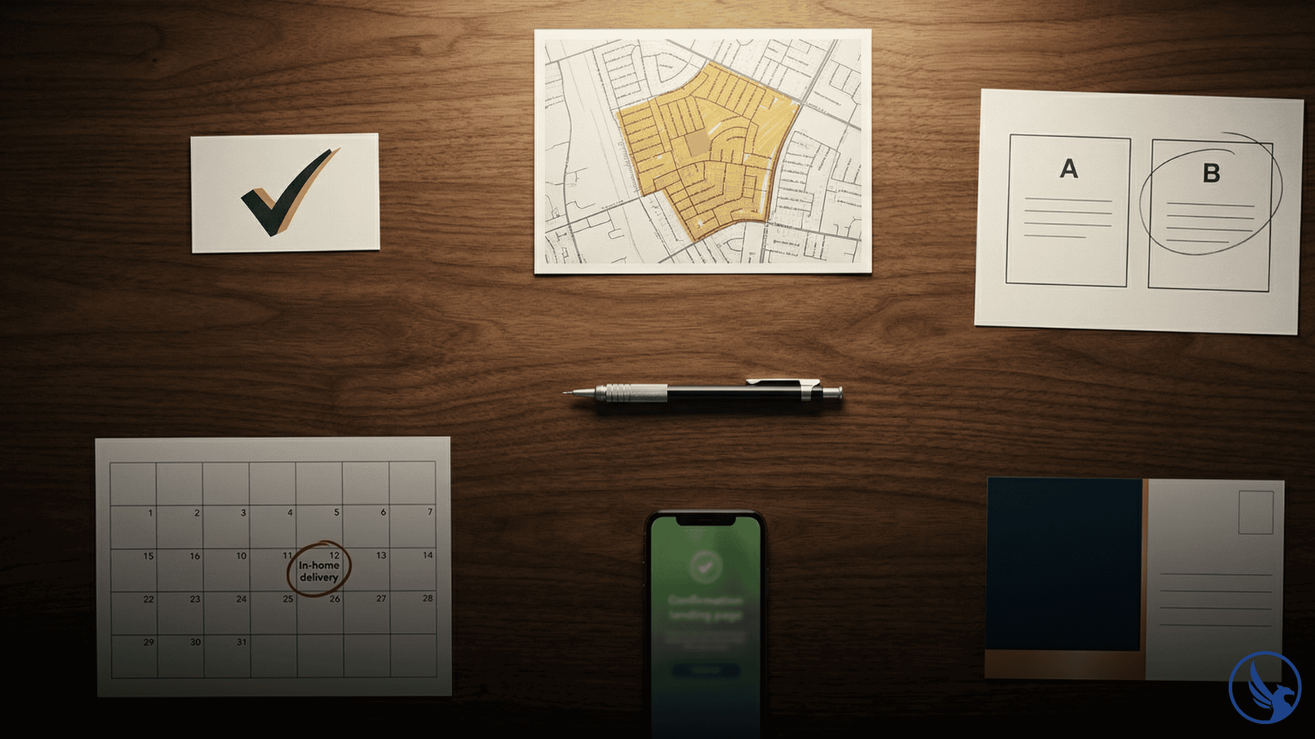 Birds-eye flat-lay of six direct mail campaign planning objects arranged clockwise — objective card, route map, offer options, postcard design, analytics smartphone, and production calendar — with a mechanical pencil at center showing a complete campaign planning framework