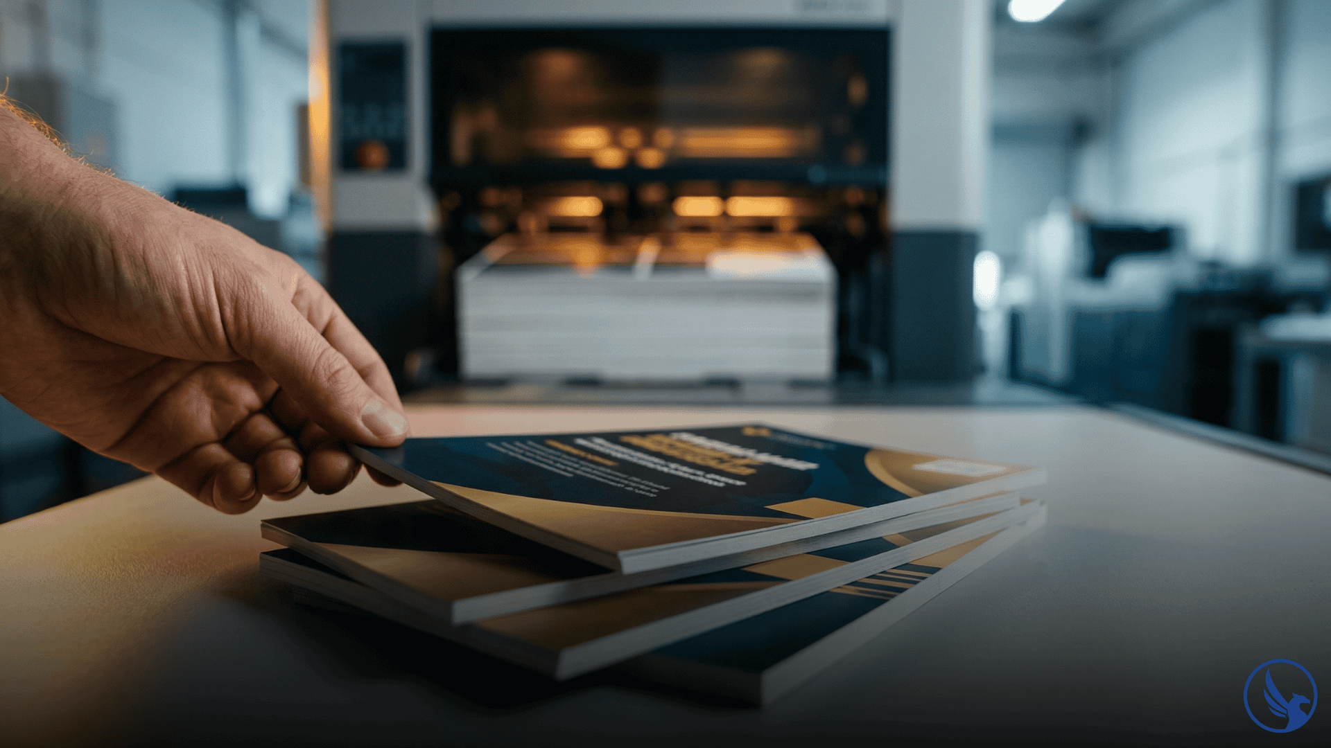 Hand lifting the corner of a premium direct mail postcard stack in the foreground with a commercial printing press glowing in the background suggesting direct mail printing production quality and stock selection