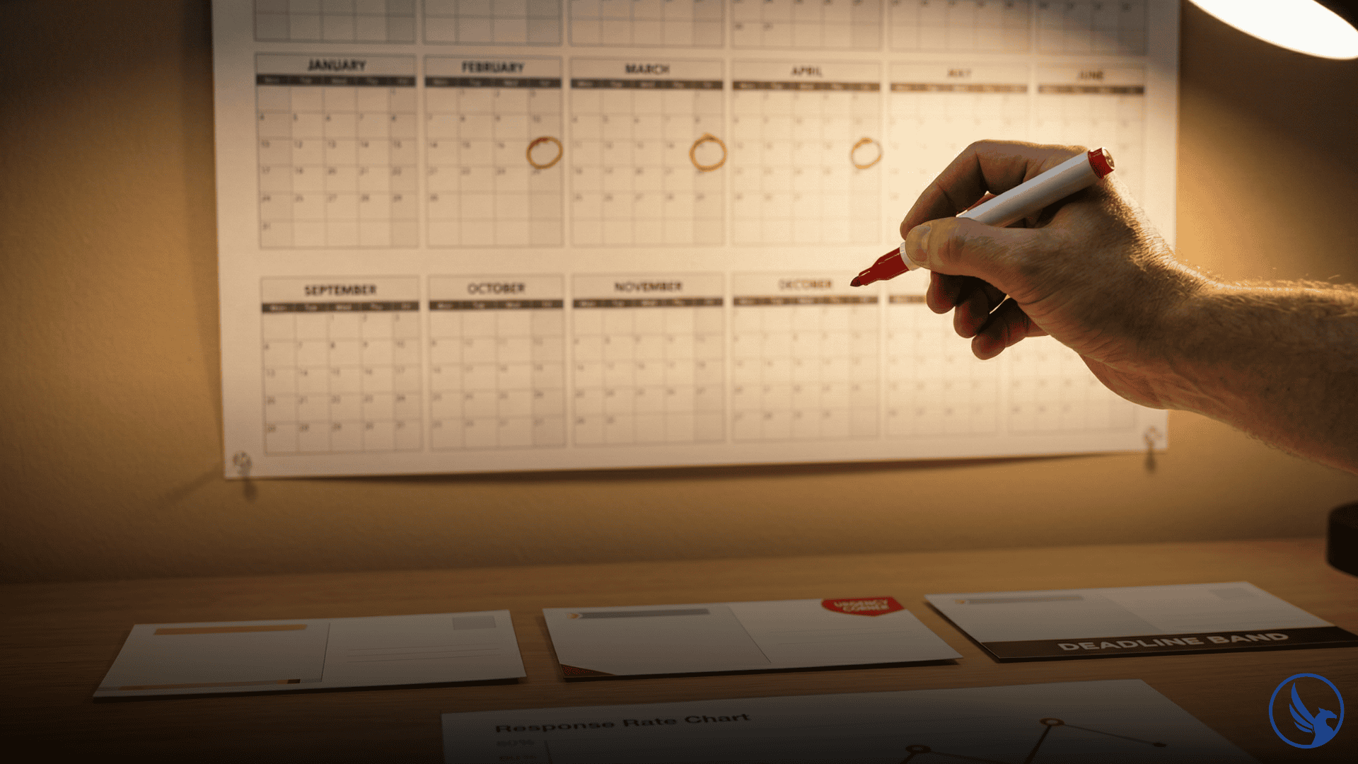 Annual campaign calendar on a wall above three sequenced direct mail postcards on a desk with a hand marking three campaign drop dates illustrating direct mail frequency best practices for a three-drop acquisition sequence