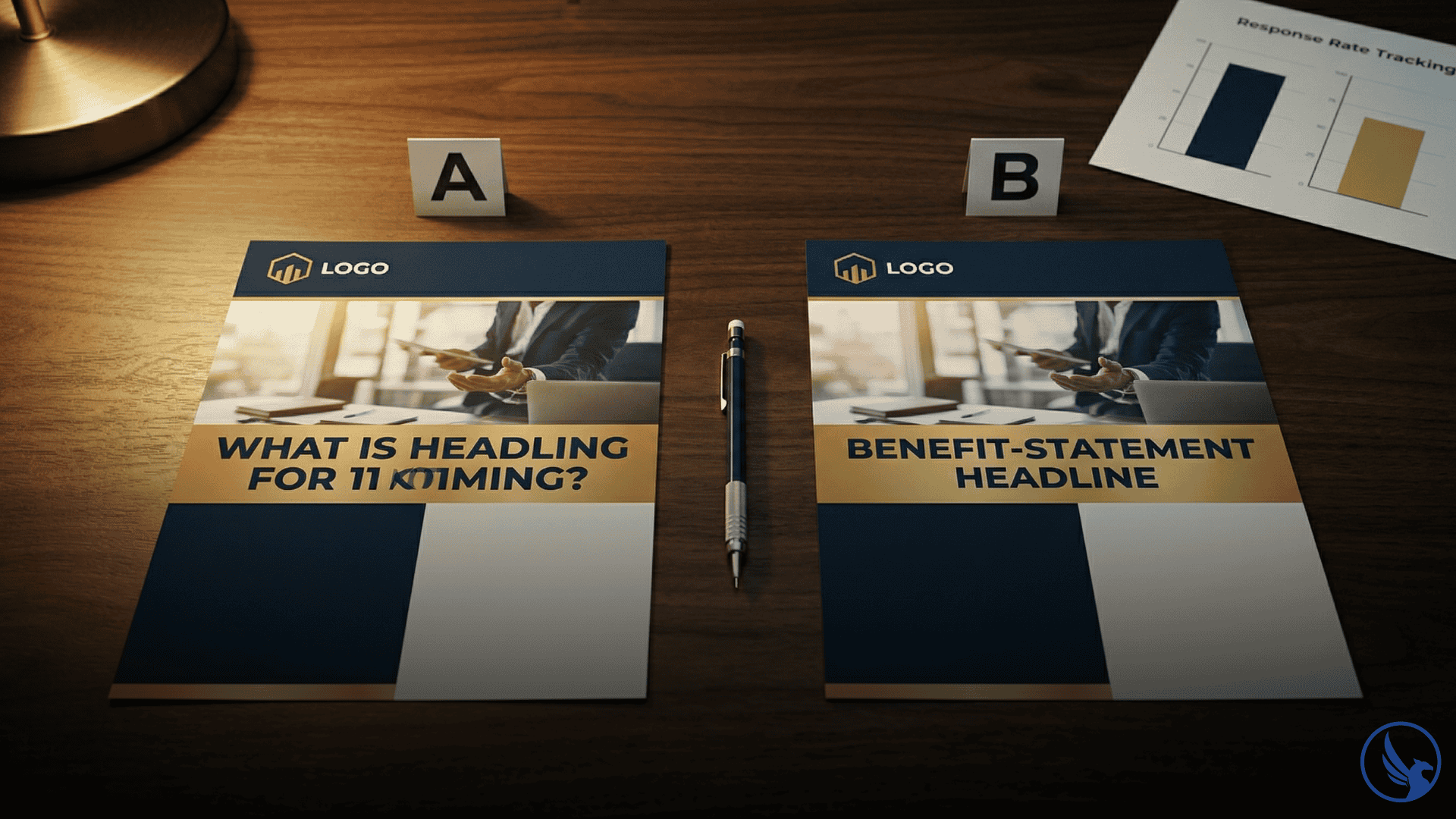 Two direct mail postcards labeled A and B on a desk showing a single controlled headline variable difference with a response rate tracking sheet revealing a winning version illustrating direct mail A/B testing methodology