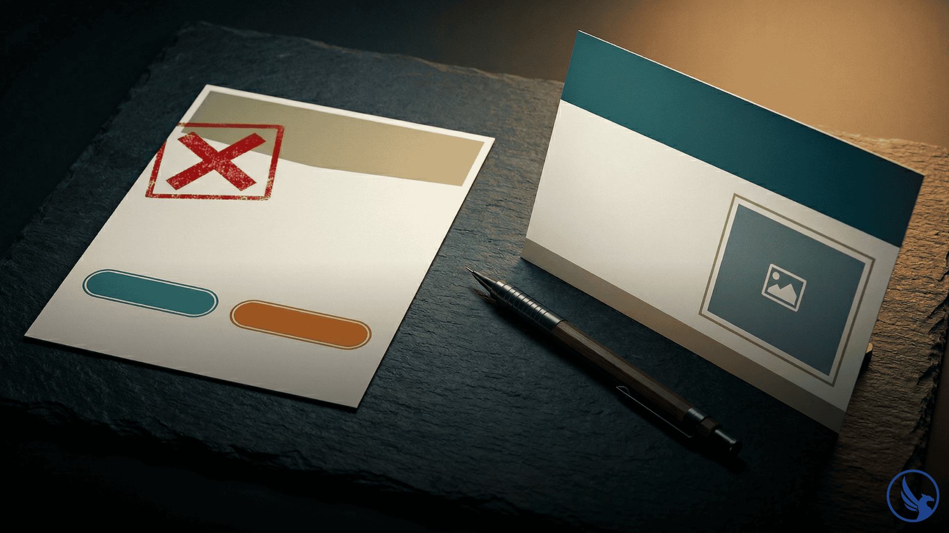 Two direct mail postcards on a dark surface — a cluttered ineffective version stamped with a red X beside a clean high-performing version — illustrating the most critical direct mail mistakes to avoid in campaign design