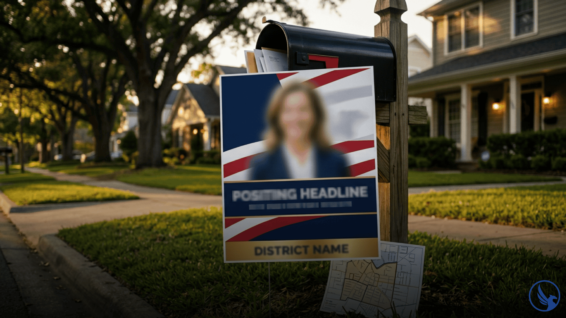 Political campaign direct mail postcard propped against a residential mailbox on a suburban street at golden hour with a precinct map fragment visible suggesting targeted voter outreach through direct mail for political campaigns