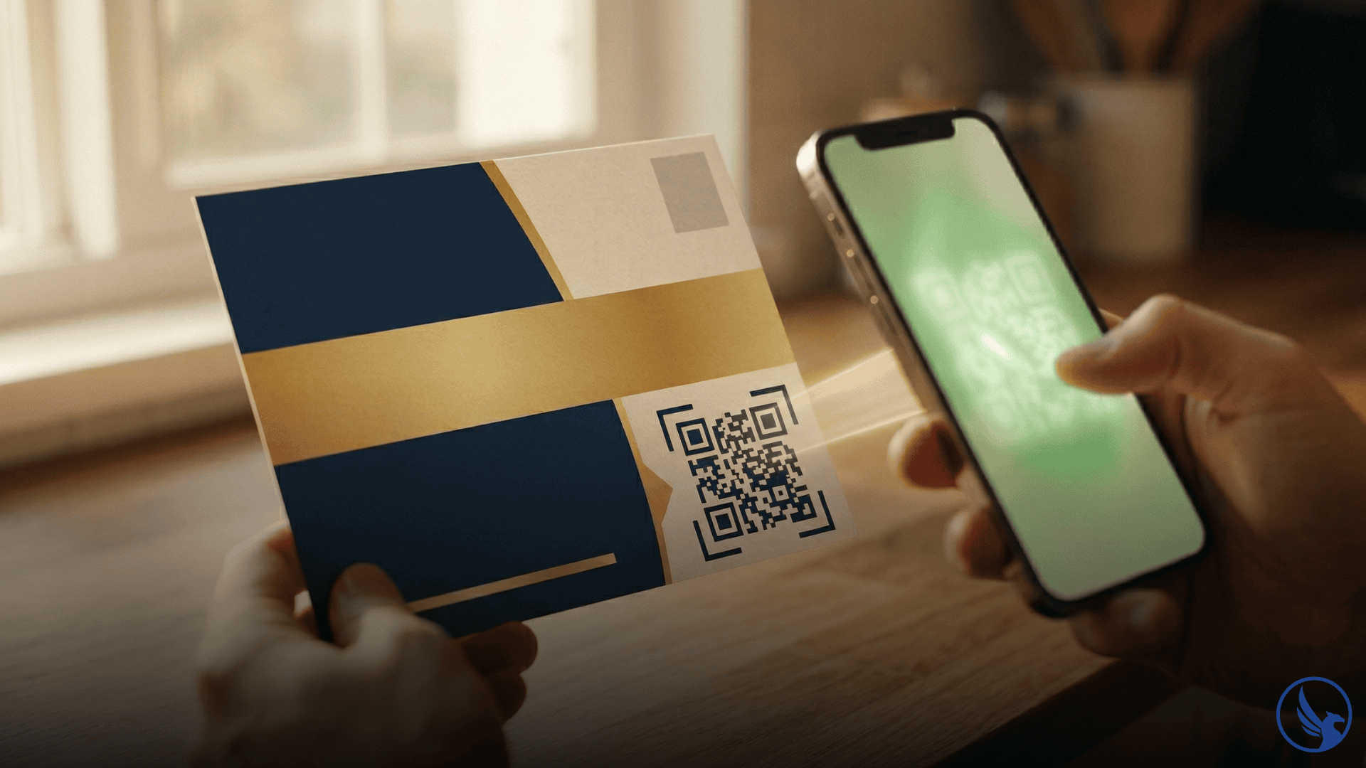 Hands holding a direct mail postcard with a QR code beside a smartphone showing a green landing page confirmation illustrating direct mail QR codes digital integration bridging physical mail and digital response