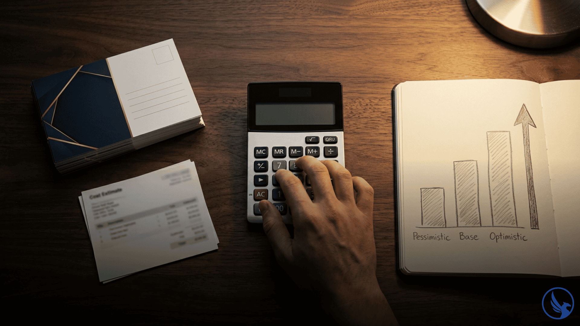 Dark walnut desk showing a stack of direct mail postcards beside a calculator mid-computation and an open notebook with a hand-drawn three-scenario ROI bar chart illustrating the direct mail ROI calculator planning process