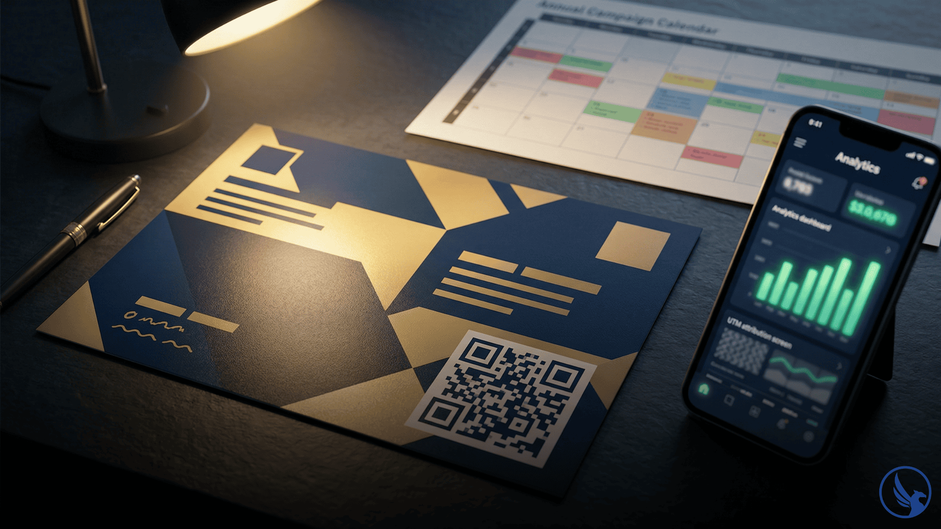 Premium soft-touch direct mail postcard on a dark desk beside a smartphone showing analytics attribution representing direct mail trends 2026 combining physical presence with digital measurement capability
