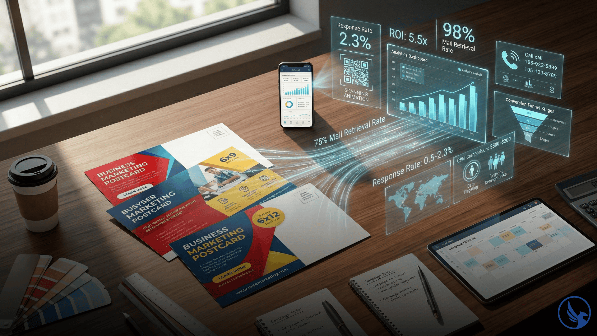 Overhead view of professional direct mail postcards transforming into glowing analytics data streams showing response rates ROI calculations and digital tracking for 2026 marketing strategy