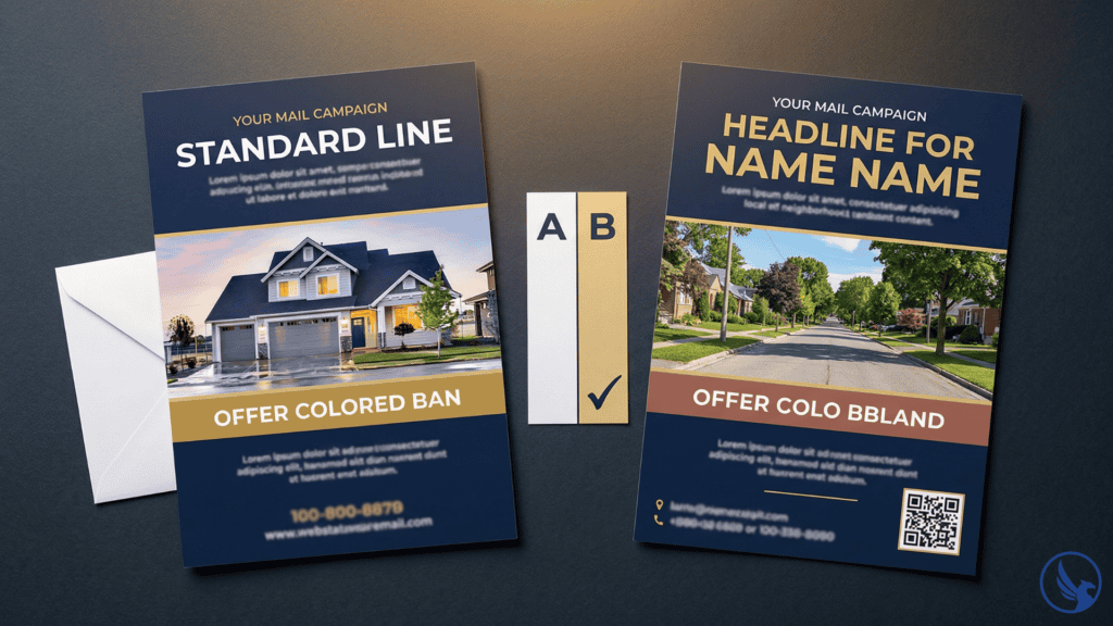 Flat-lay A/B test comparison of a generic direct mail postcard beside a personalized variable data printing version with unique name zone, matched image, and individual QR code showing measurable personalization difference