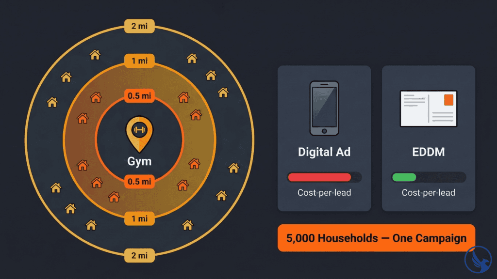 Infographic showing EDDM for gyms neighborhood saturation radius strategy with cost per lead comparison against digital advertising for local fitness membership campaigns