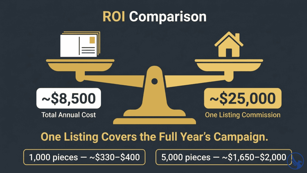 Infographic showing EDDM for real estate ROI balance comparing annual campaign cost against a single listing commission return demonstrating cost-effective neighborhood farming economics