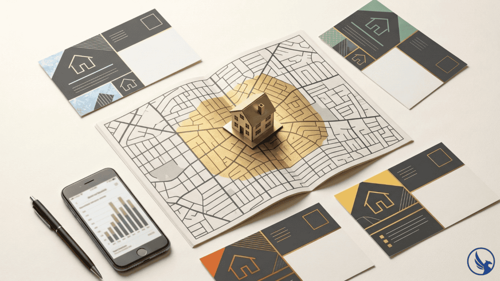 Overhead flat-lay of a neighborhood route map with four repeat-drop EDDM for real estate postcards arranged in sequence around a focused farm area showing consistent geographic farming strategy