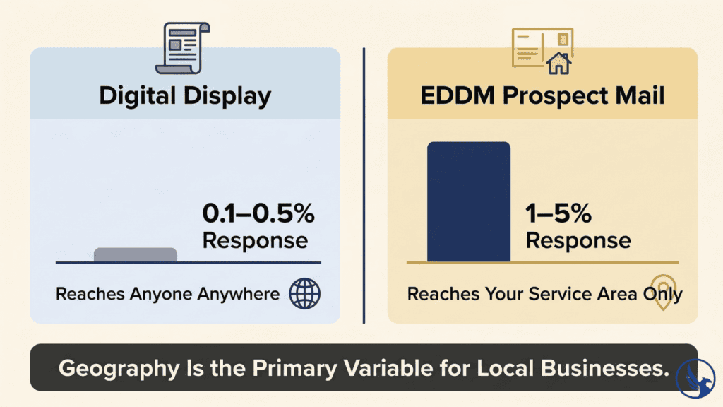 Infographic comparing EDDM vs digital ads response rates showing direct mail prospect mail performance versus digital display for local geographic targeting effectiveness