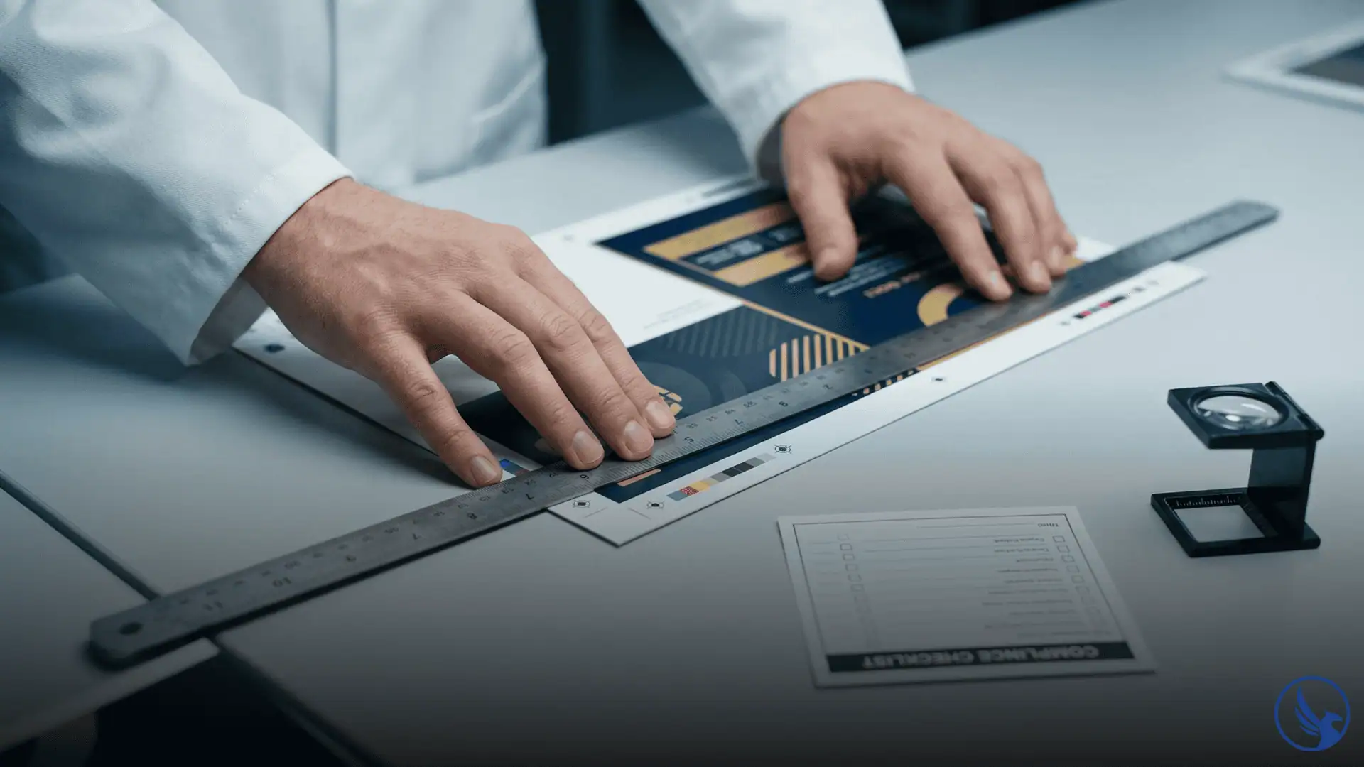 Print production technician measuring an EDDM postcard with a ruler on a production table with compliance checklist suggesting precise EDDM printing requirements verification before press