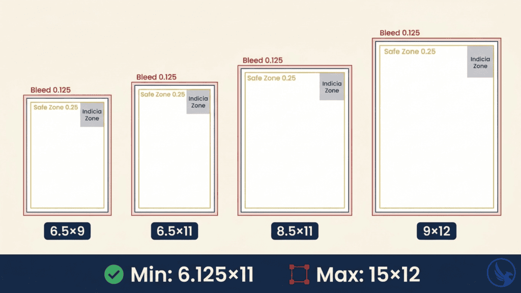 Infographic showing four EDDM postcard size options in proportion with bleed, safe zone, and indicia placement zones plus minimum and maximum USPS printing requirements dimensions