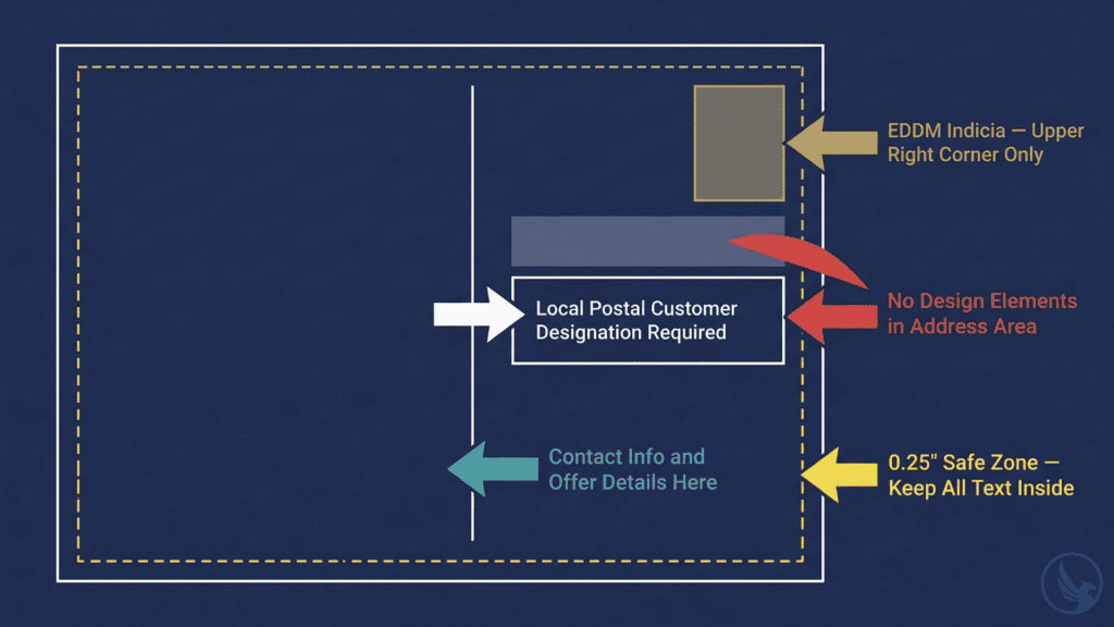 Infographic showing EDDM postcard back panel layout with five labeled compliance zones including indicia placement, local postal customer designation, address area clearance, and safe zone requirements