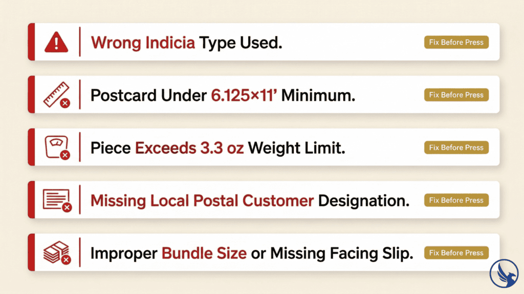 Infographic showing five common EDDM printing requirements mistakes that cause USPS rejection including wrong indicia, undersized postcards, overweight pieces, missing postal customer designation, and improper bundling