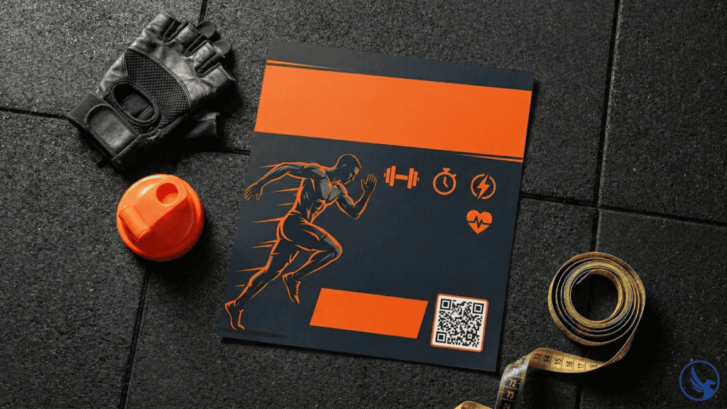 Flat-lay of an EDDM for gyms membership campaign postcard on a gym floor surface styled with fitness props including gloves and measuring tape