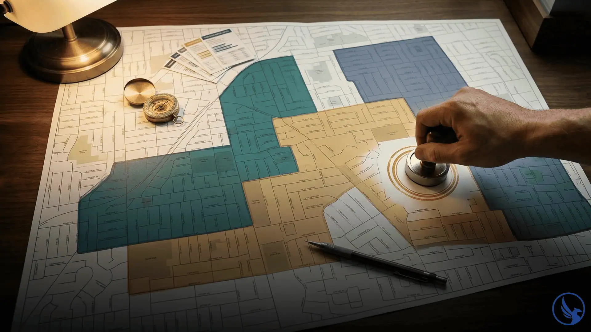 Birds-eye view of a neighborhood street map with highlighted EDDM mailing routes being selected with a stamp tool surrounded by demographic research cards and compass suggesting strategic direct mail route planning