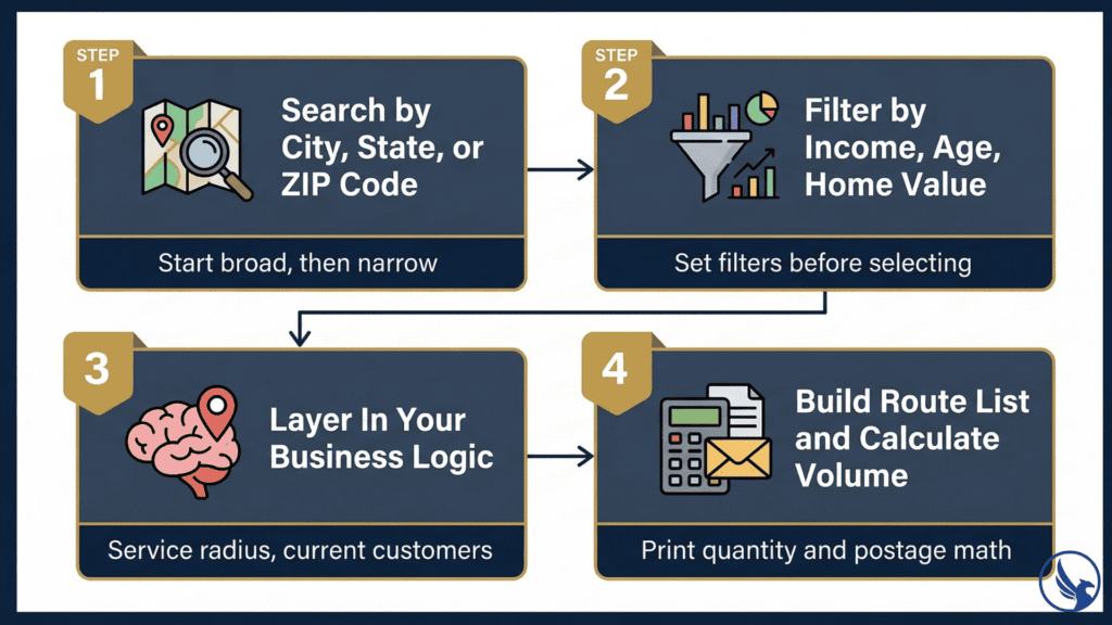 Infographic showing four steps to select EDDM mailing routes using the USPS mapping tool — search by ZIP, filter demographics, apply business logic, and calculate campaign volume