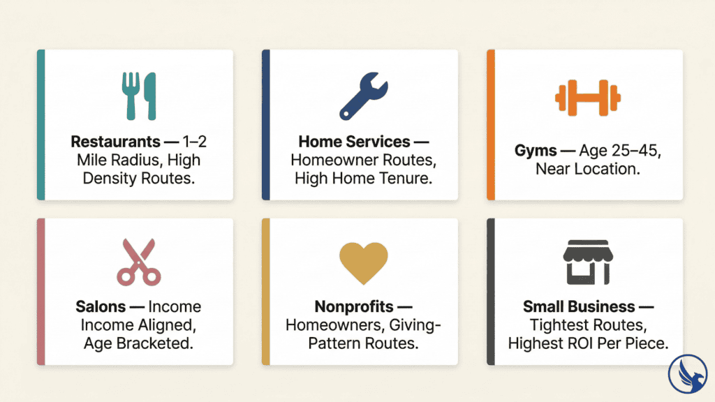 Infographic showing EDDM mailing routes demographic targeting strategies for six industries including restaurants, home services, gyms, salons, nonprofits, and small businesses