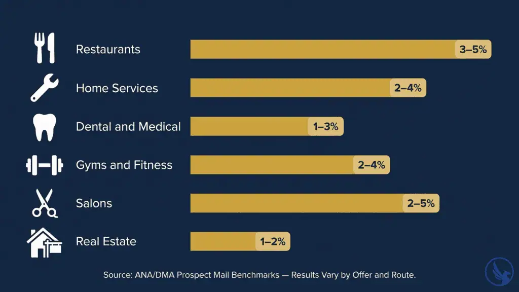 Infographic showing EDDM response rates by industry vertical including restaurants, home services, dental, gyms, salons, and real estate with benchmark percentage ranges  