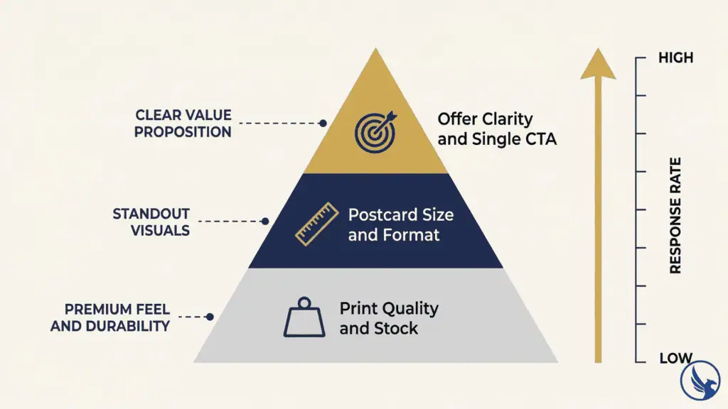Infographic showing three design variables that lift EDDM response rates — print quality, postcard size, and offer clarity — stacked as a performance pyramid