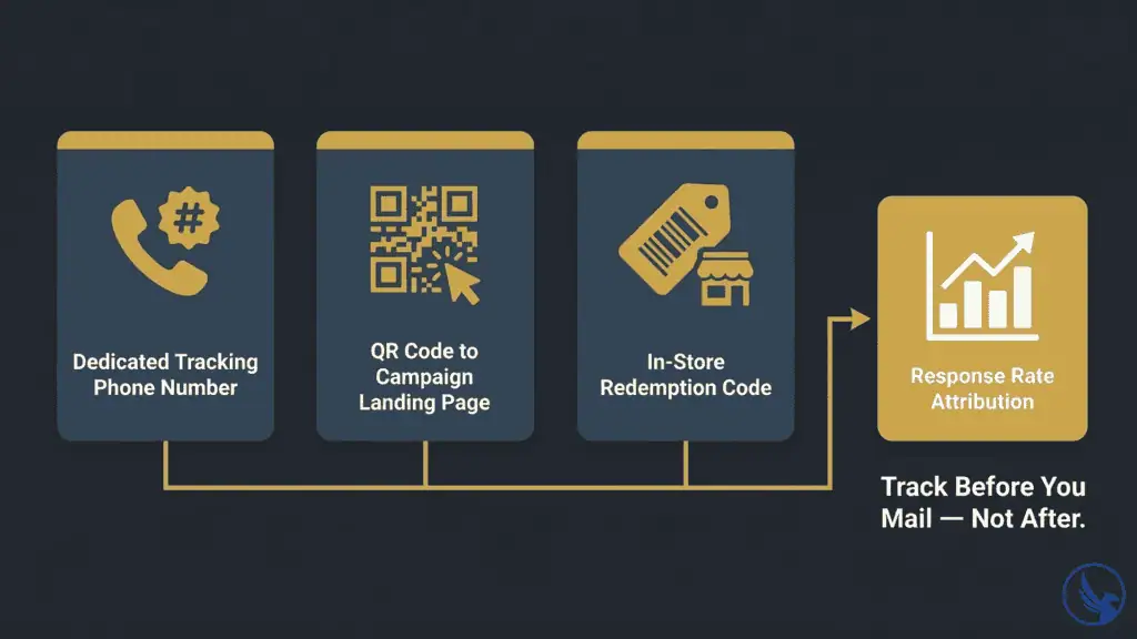 Infographic showing three EDDM response rates tracking methods — dedicated phone number, QR code landing page, and in-store redemption code — converging into campaign attribution data