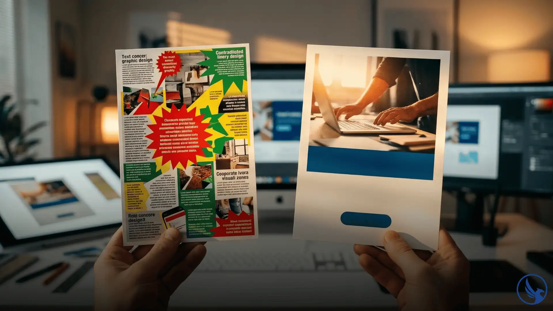 Two hands holding a cluttered ineffective EDDM postcard design beside a clean high-performing EDDM postcard design showing the visual contrast between poor and excellent direct mail creative