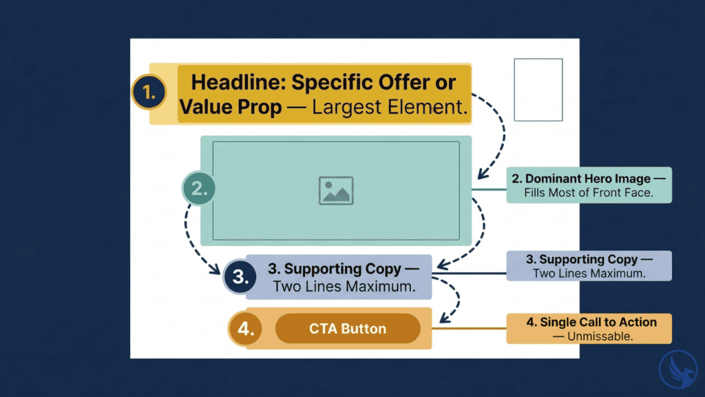 Infographic showing EDDM postcard design visual hierarchy with four numbered zones — headline, hero image, supporting copy, and single call to action — guiding eye flow on the front panel