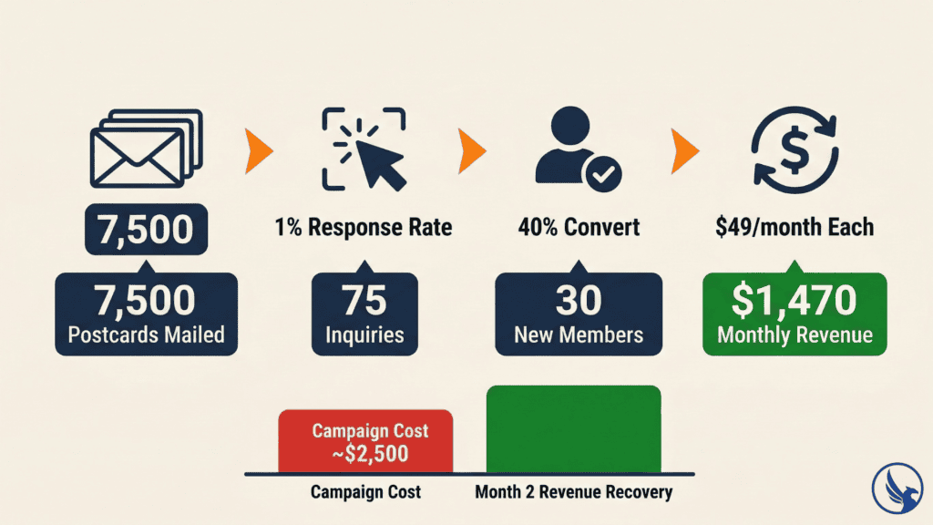 Infographic showing EDDM for gyms ROI conversion funnel from postcards mailed through response rate, membership conversions, and monthly recurring revenue recovery