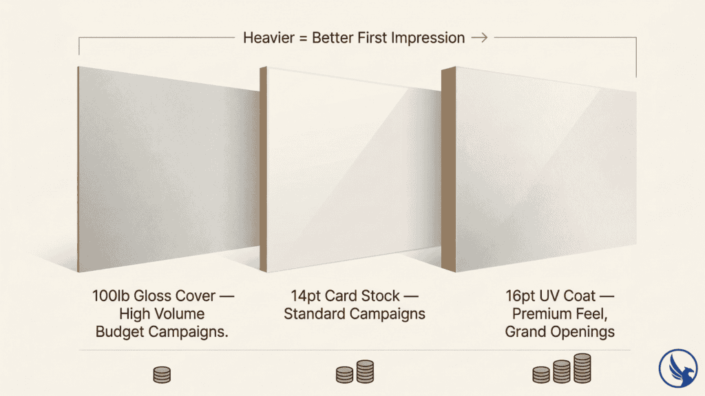 Infographic comparing three EDDM postcard design paper stock options — 100lb gloss cover, 14pt standard, and 16pt UV coat — showing thickness, surface finish, and campaign use cases