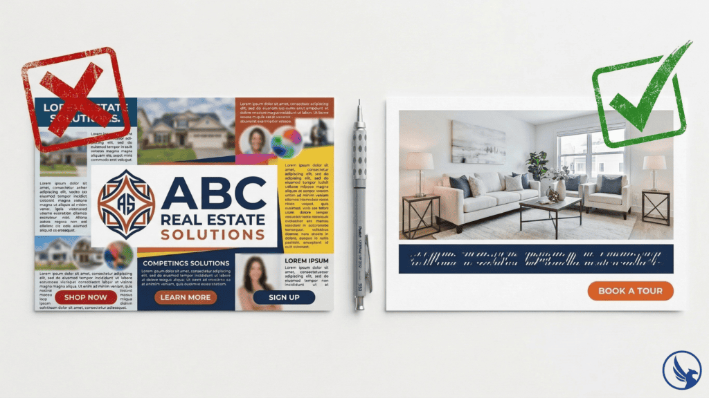 Side-by-side flat-lay of a cluttered ineffective EDDM postcard design marked with a red X beside a clean high-performing redesign marked with a green checkmark showing direct mail design optimization