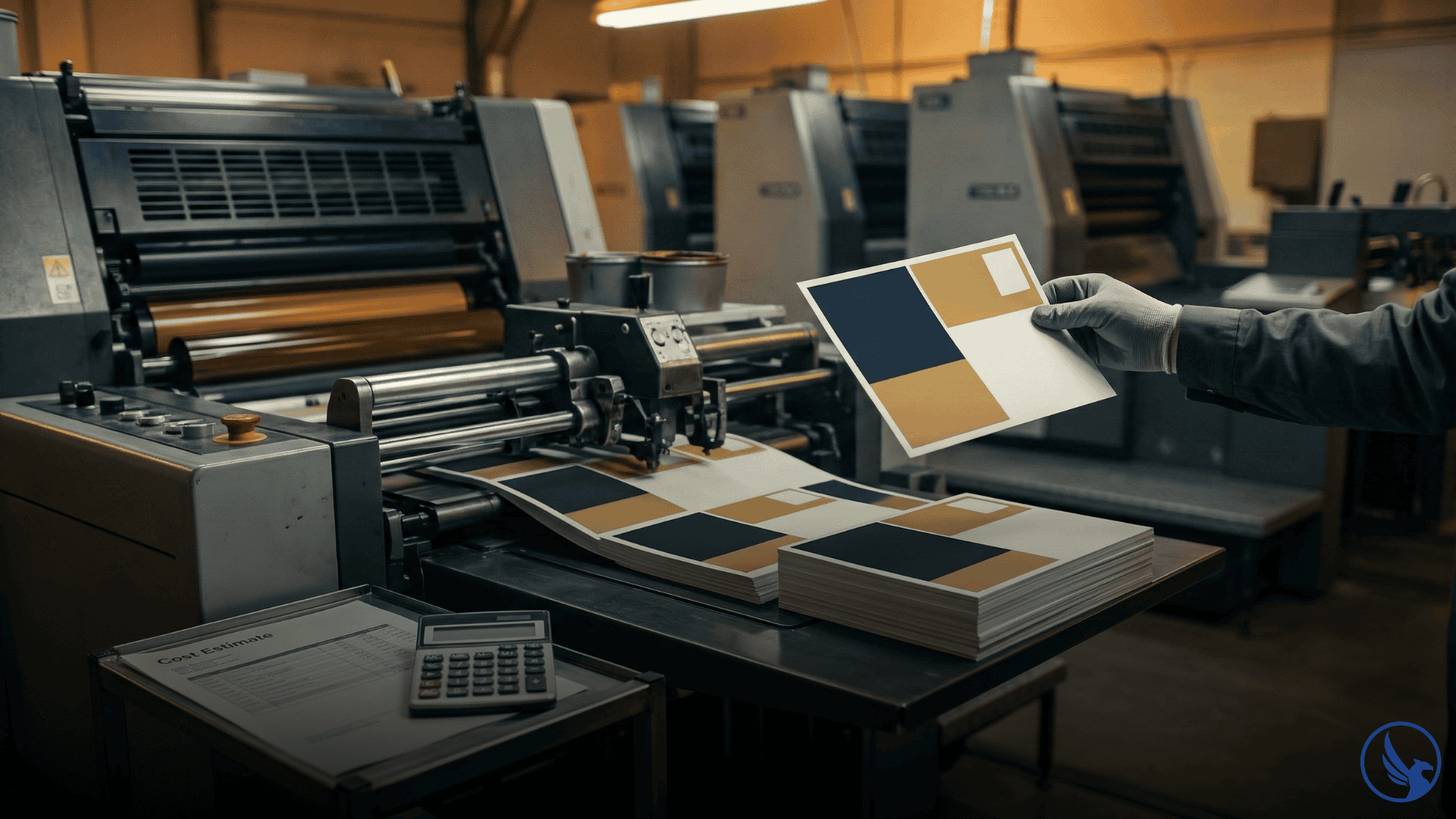Commercial printing press producing EDDM postcards at scale with a technician inspecting output quality and a cost estimate sheet in the foreground suggesting EDDM postcard printing cost planning